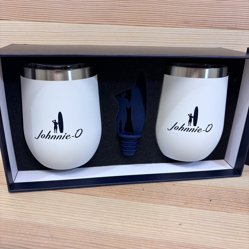 Johnnie O Stainless Steel Tumbler Gift Set White Stemless Wine Stopper To Go Cup